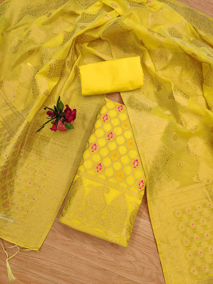 Yellow Pure Banarasi Chanderi Woven Design Unstitched Dress Material