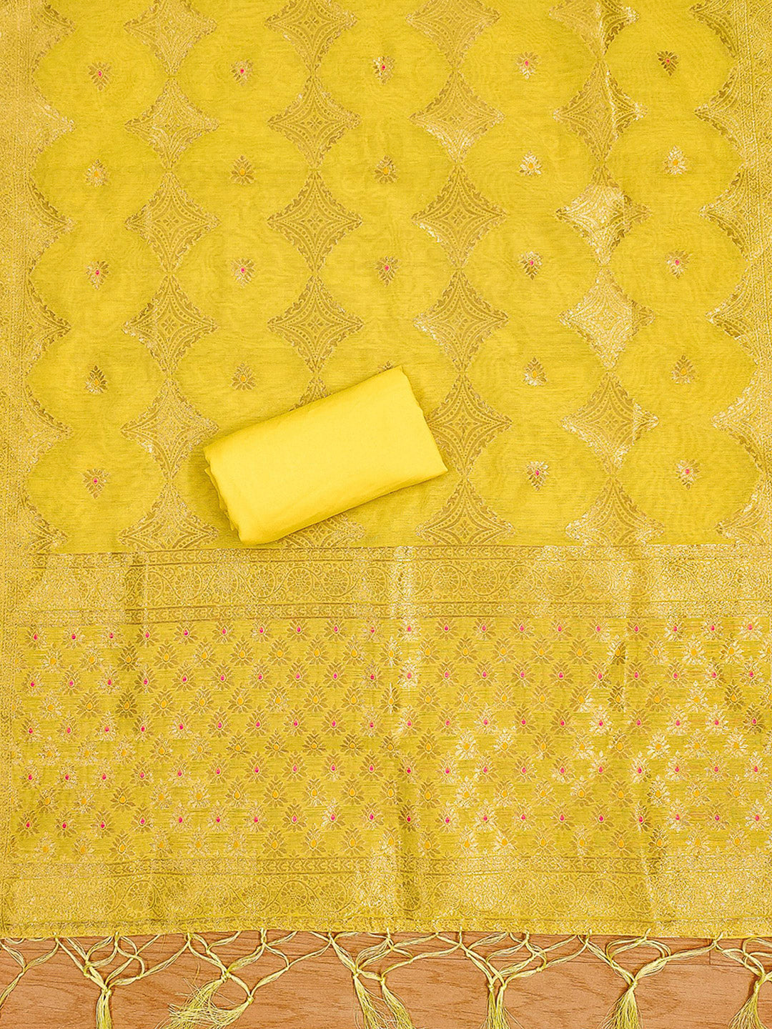 Yellow Pure Banarasi Chanderi Woven Design Unstitched Dress Material