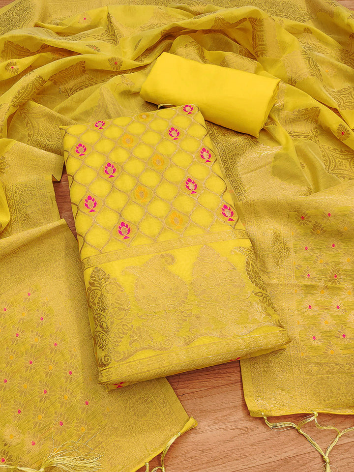 Yellow Pure Banarasi Chanderi Woven Design Unstitched Dress Material