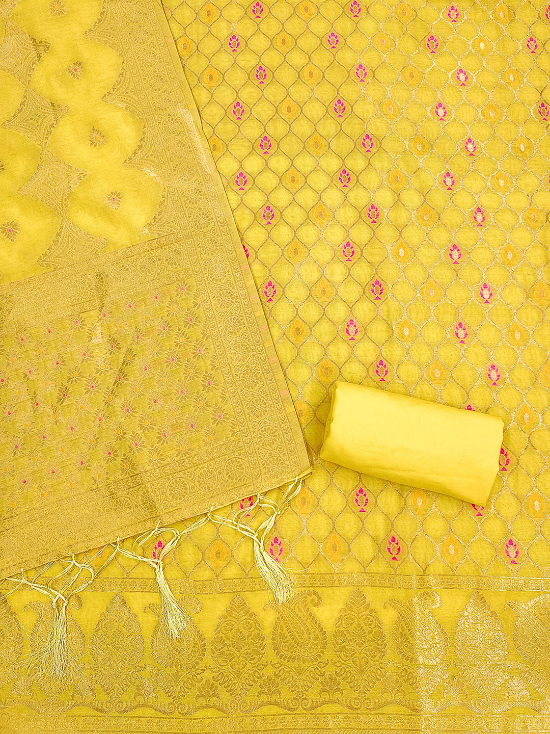 Yellow Pure Banarasi Chanderi Woven Design Unstitched Dress Material