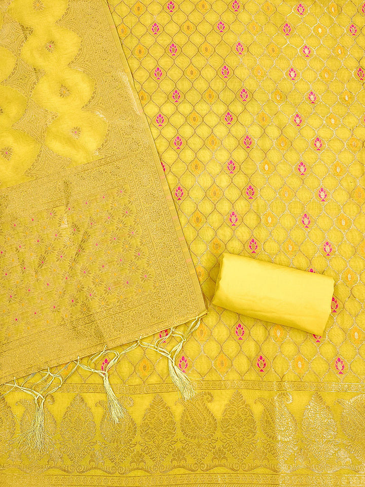Yellow Pure Banarasi Chanderi Woven Design Unstitched Dress Material