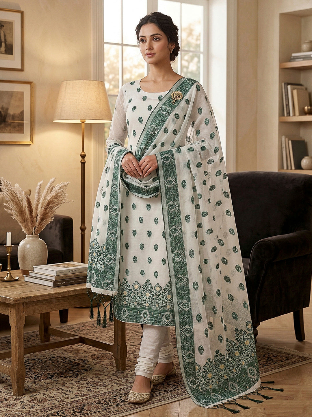 Cream-Bottle-Green Pure Handloom Banarasi Resham Cotton Woven Design Unstitched Dress Material