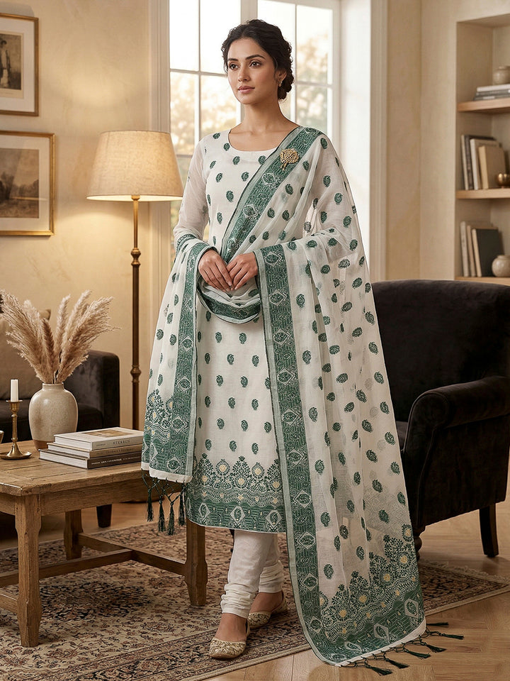 Cream-Bottle-Green Pure Handloom Banarasi Resham Cotton Woven Design Unstitched Dress Material