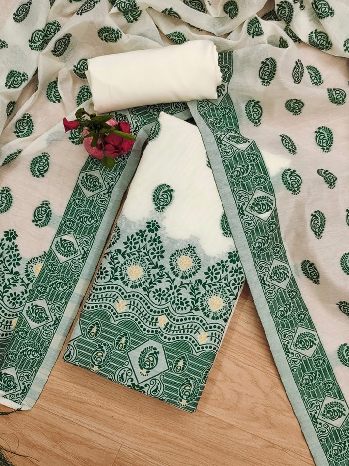 Cream-Bottle-Green Pure Handloom Banarasi Resham Cotton Woven Design Unstitched Dress Material