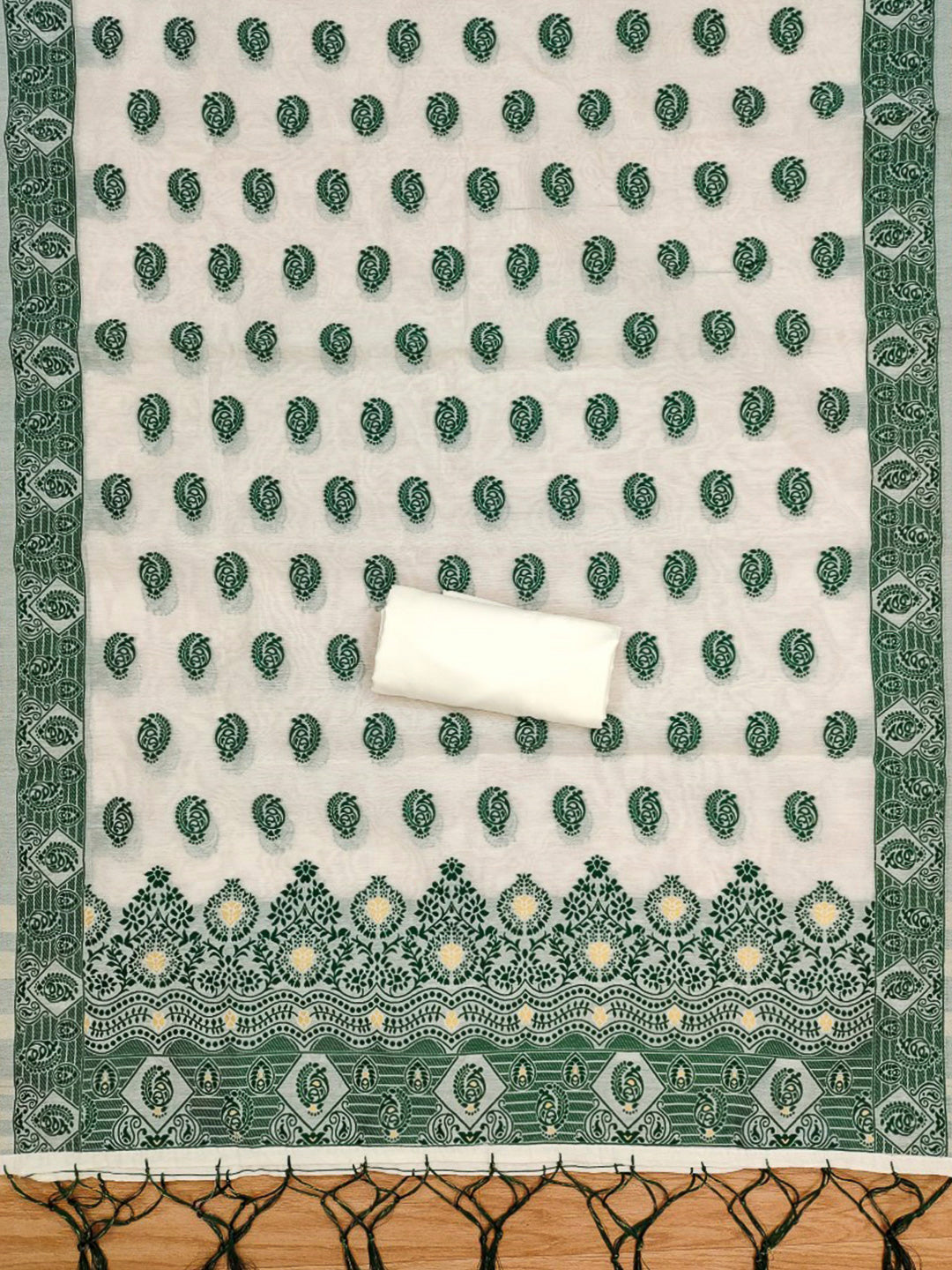 Cream-Bottle-Green Pure Handloom Banarasi Resham Cotton Woven Design Unstitched Dress Material