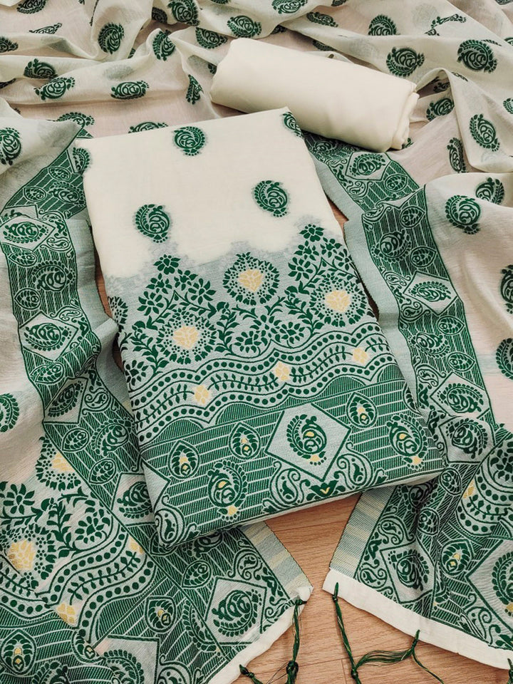Cream-Bottle-Green Pure Handloom Banarasi Resham Cotton Woven Design Unstitched Dress Material