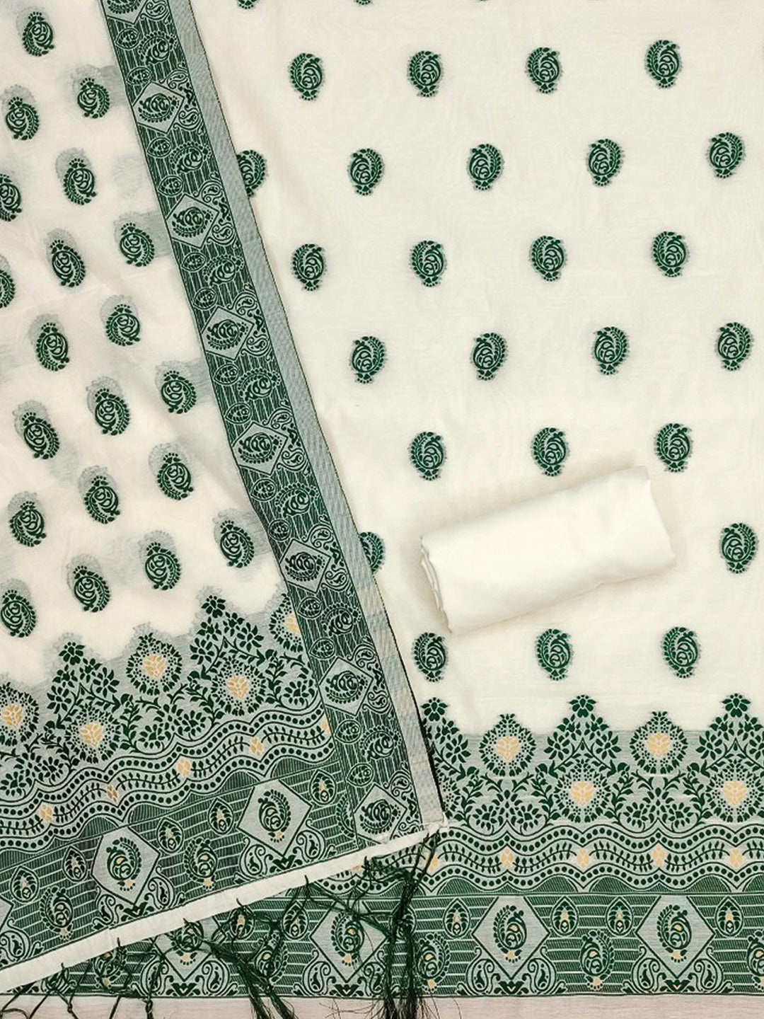 Cream-Bottle-Green Pure Handloom Banarasi Resham Cotton Woven Design Unstitched Dress Material