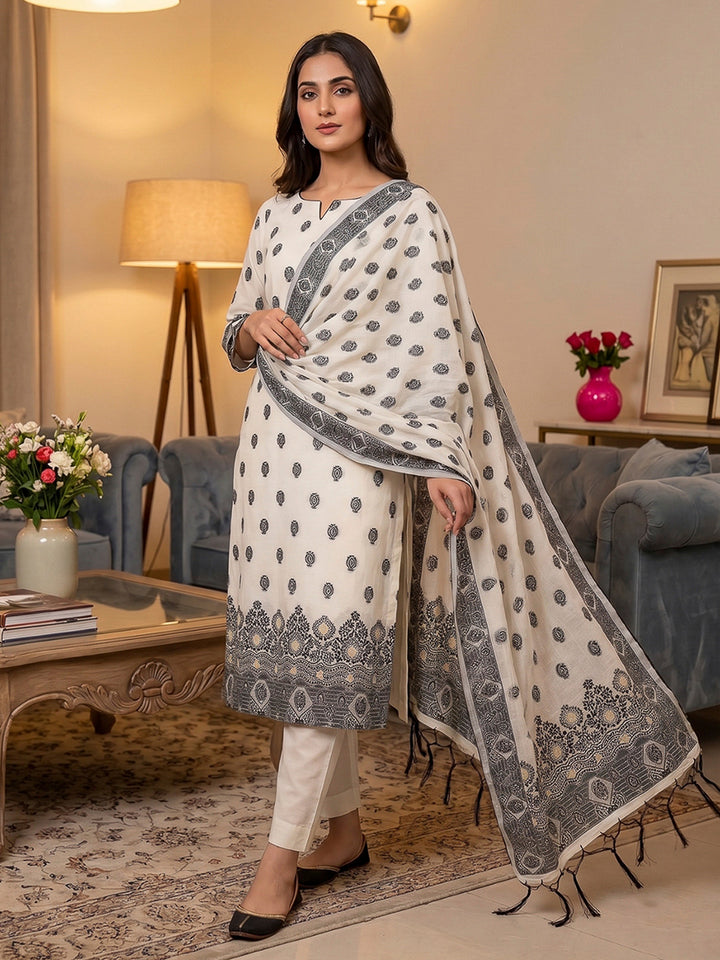 Cream-Black Pure Handloom Banarasi Resham Cotton Woven Design Unstitched Dress Material
