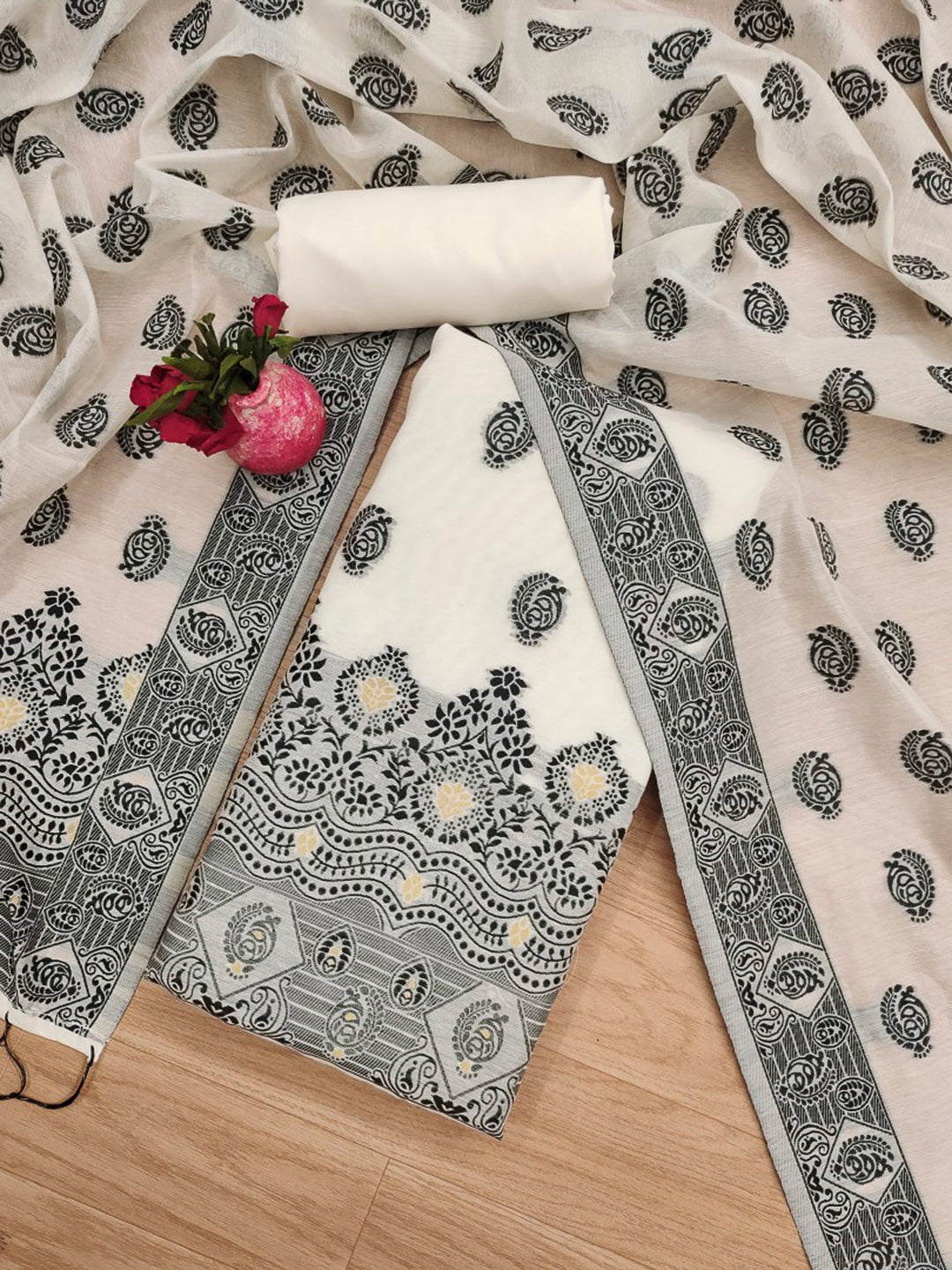 Cream-Black Pure Handloom Banarasi Resham Cotton Woven Design Unstitched Dress Material