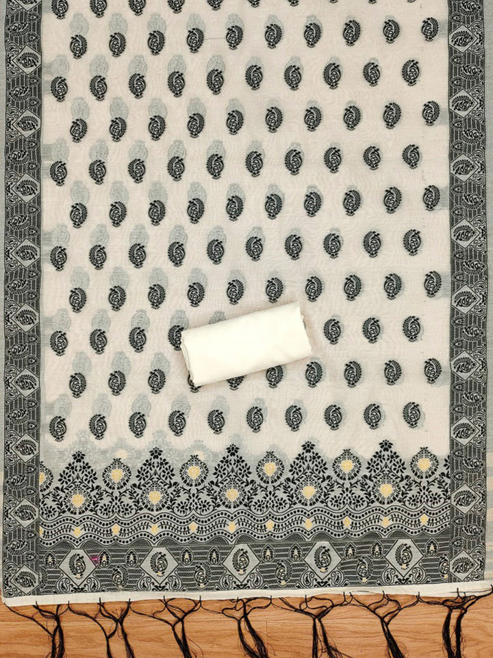 Cream-Black Pure Handloom Banarasi Resham Cotton Woven Design Unstitched Dress Material