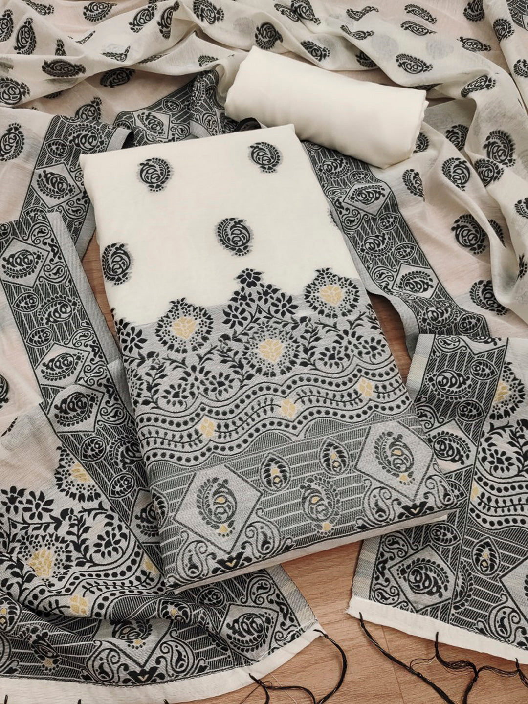 Cream-Black Pure Handloom Banarasi Resham Cotton Woven Design Unstitched Dress Material