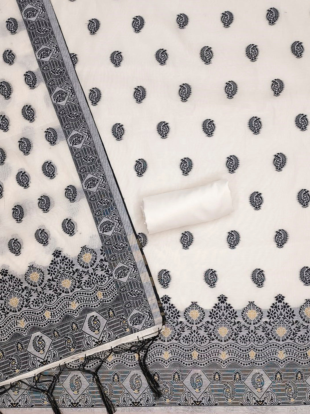 Cream-Black Pure Handloom Banarasi Resham Cotton Woven Design Unstitched Dress Material