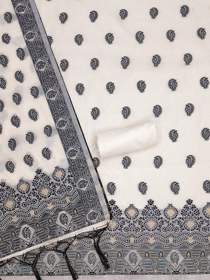 Cream-Black Pure Handloom Banarasi Resham Cotton Woven Design Unstitched Dress Material