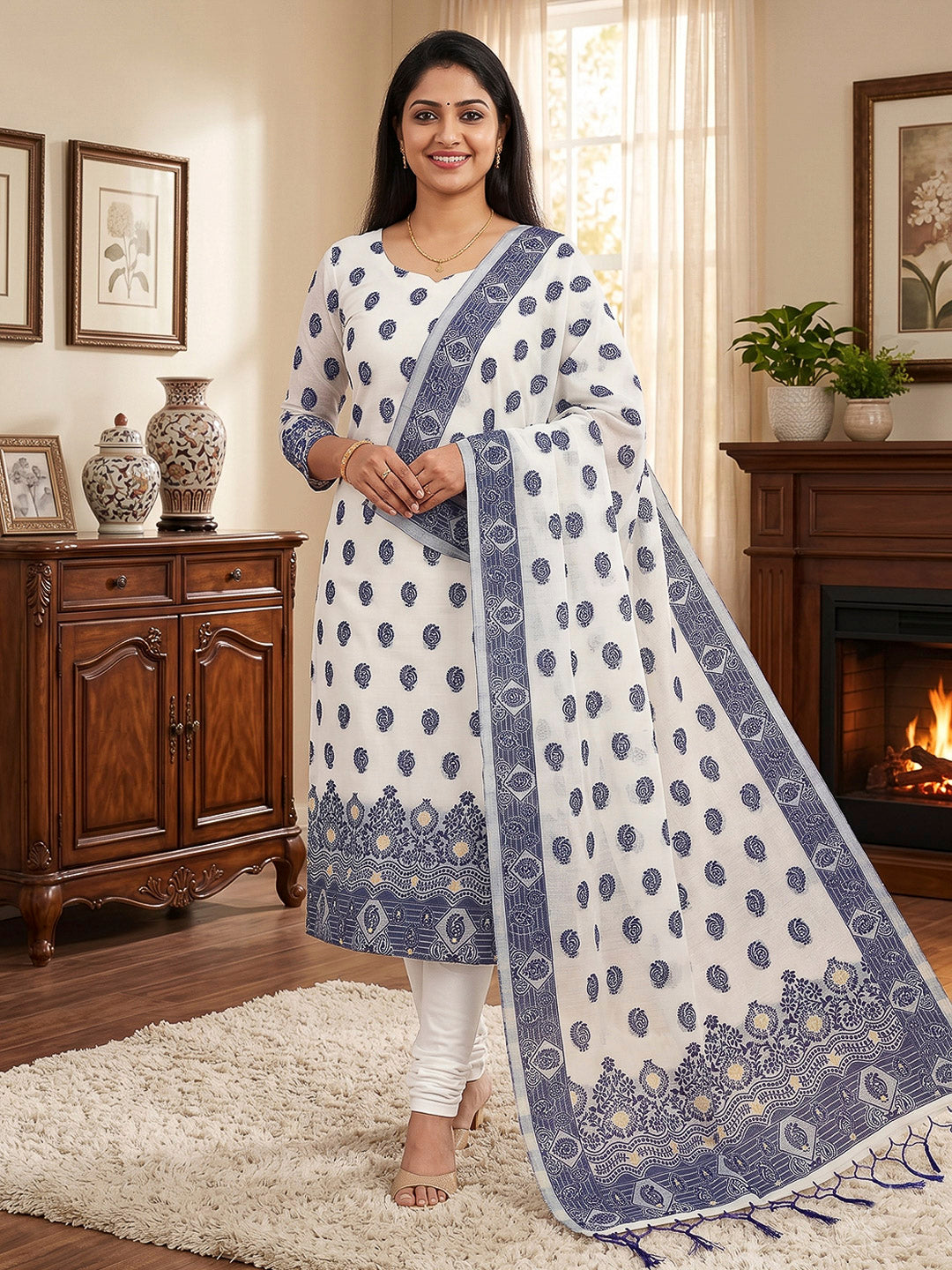 Cream-Navy Pure Handloom Banarasi Resham Cotton Woven Design Unstitched Dress Material