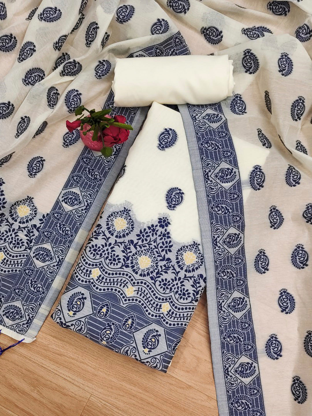 Cream-Navy Pure Handloom Banarasi Resham Cotton Woven Design Unstitched Dress Material
