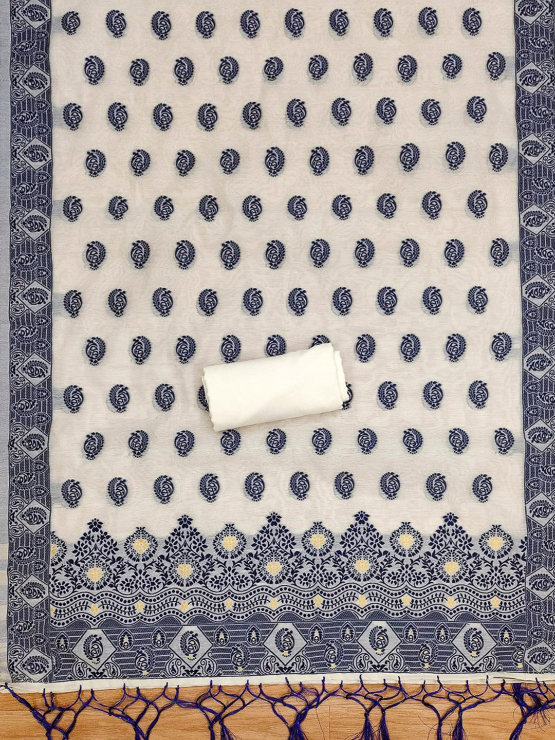 Cream-Navy Pure Handloom Banarasi Resham Cotton Woven Design Unstitched Dress Material