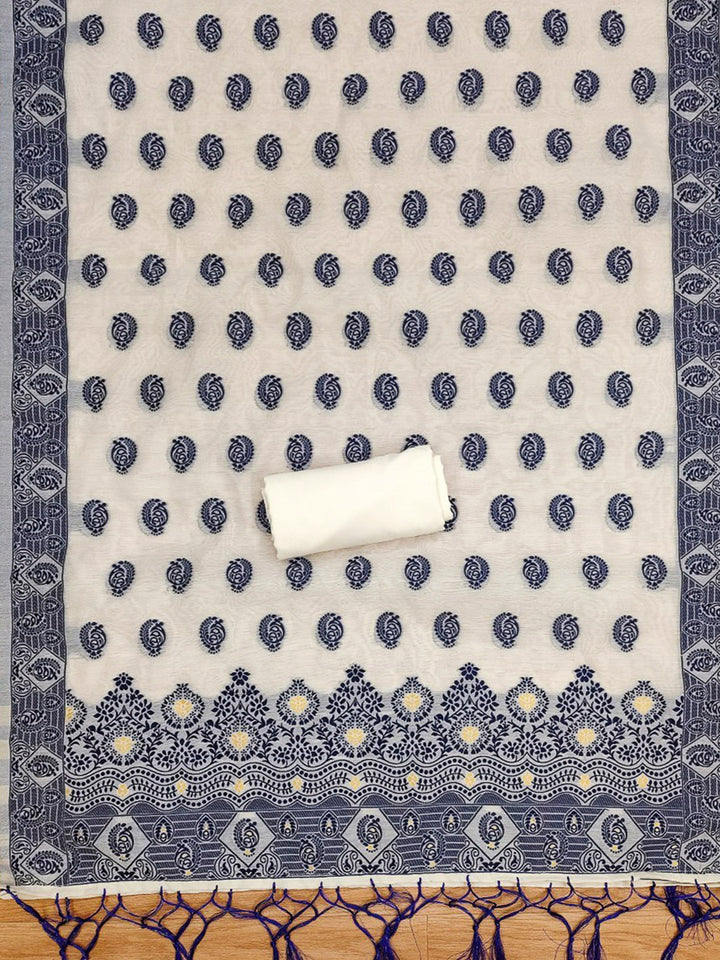 Cream-Navy Pure Handloom Banarasi Resham Cotton Woven Design Unstitched Dress Material