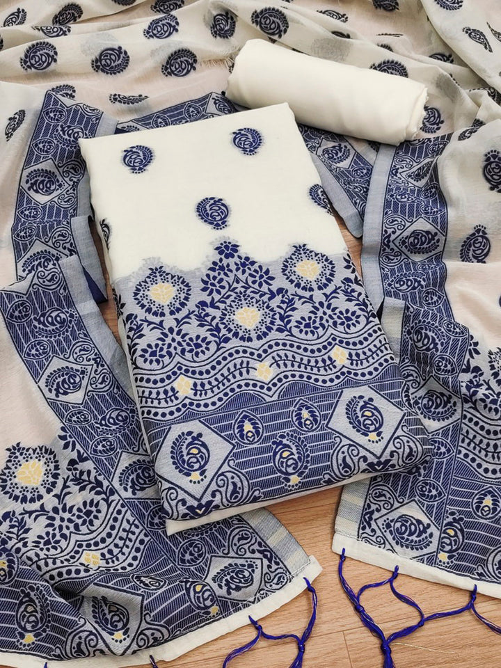 Cream-Navy Pure Handloom Banarasi Resham Cotton Woven Design Unstitched Dress Material