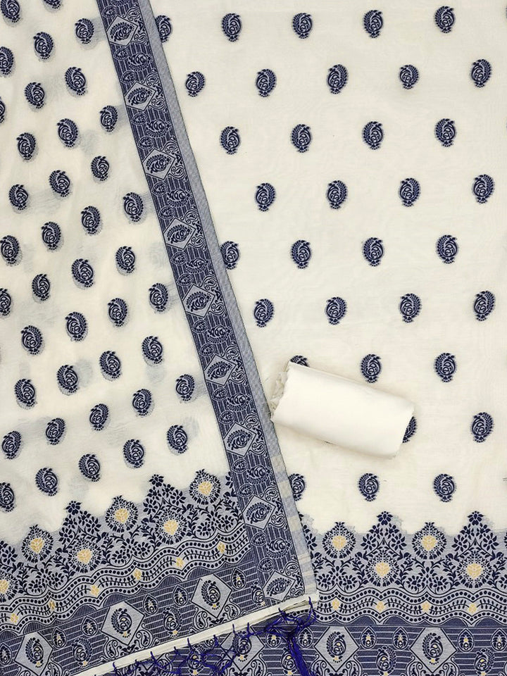 Cream-Navy Pure Handloom Banarasi Resham Cotton Woven Design Unstitched Dress Material