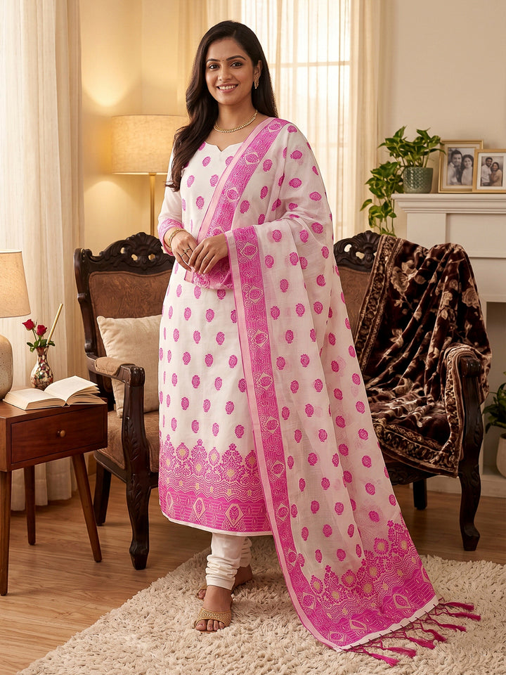 Cream-Pink Pure Handloom Banarasi Resham Cotton Woven Design Unstitched Dress Material