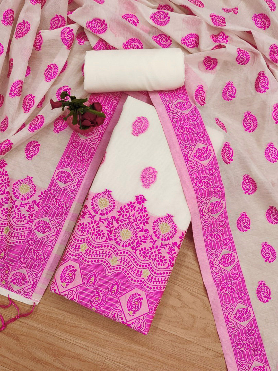 Cream-Pink Pure Handloom Banarasi Resham Cotton Woven Design Unstitched Dress Material