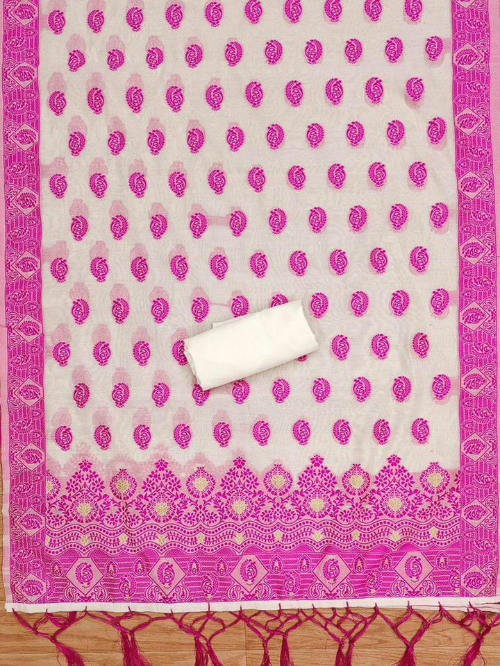Cream-Pink Pure Handloom Banarasi Resham Cotton Woven Design Unstitched Dress Material