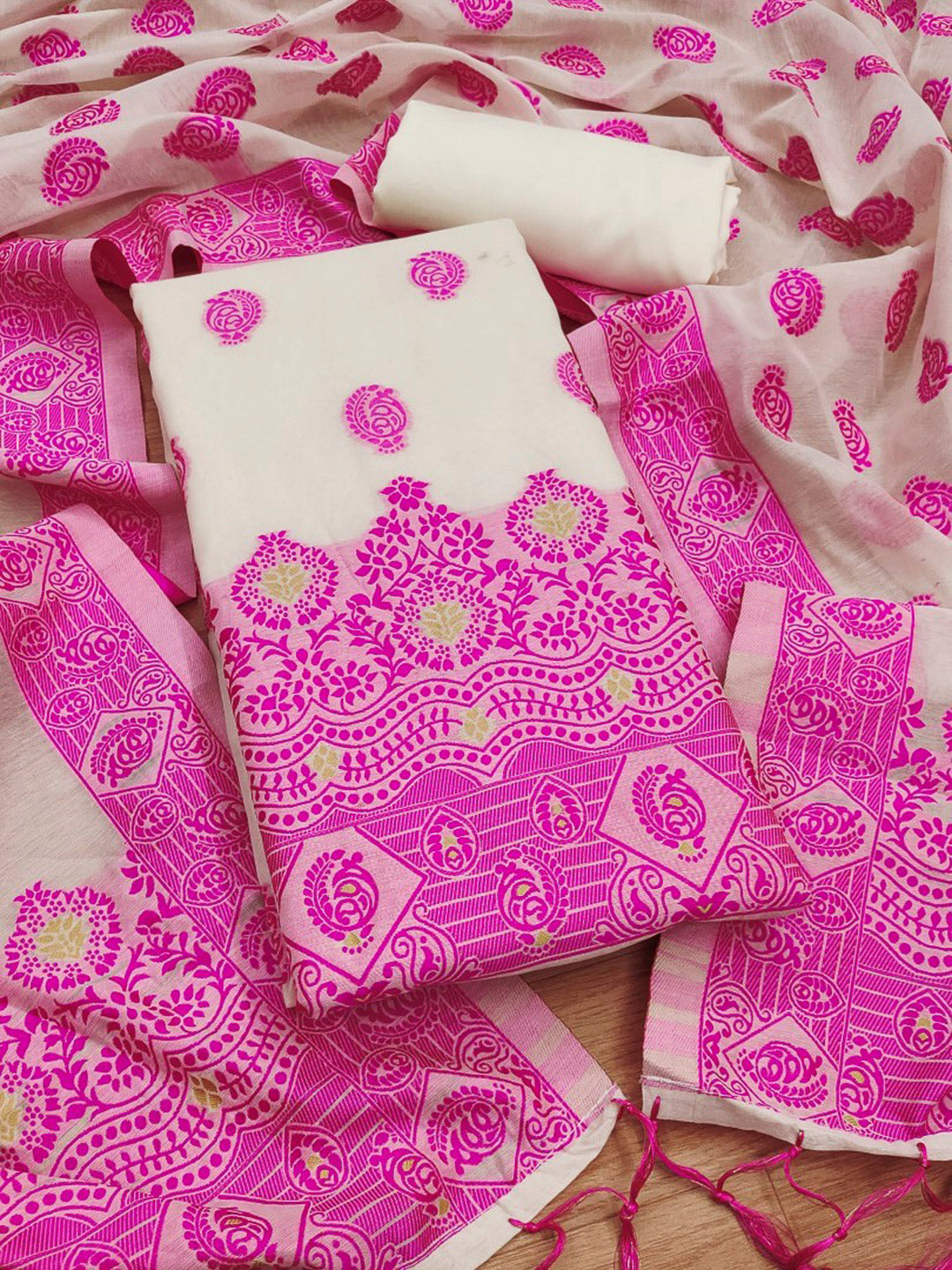 Cream-Pink Pure Handloom Banarasi Resham Cotton Woven Design Unstitched Dress Material