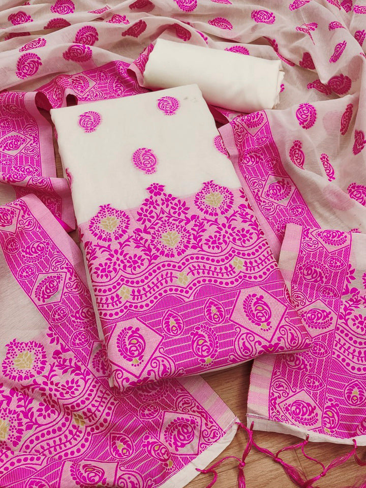 Cream-Pink Pure Handloom Banarasi Resham Cotton Woven Design Unstitched Dress Material