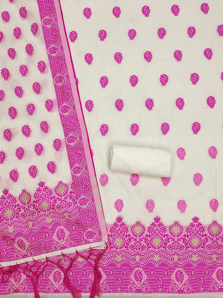 Cream-Pink Pure Handloom Banarasi Resham Cotton Woven Design Unstitched Dress Material