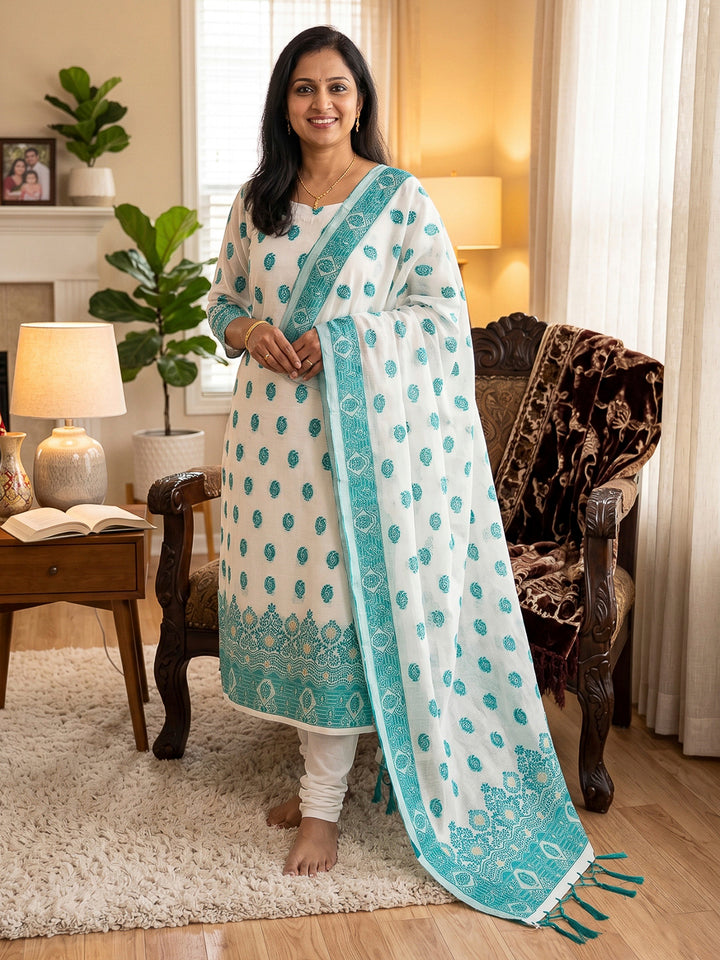 Cream-Teal-Blue Pure Handloom Banarasi Resham Cotton Woven Design Unstitched Dress Material