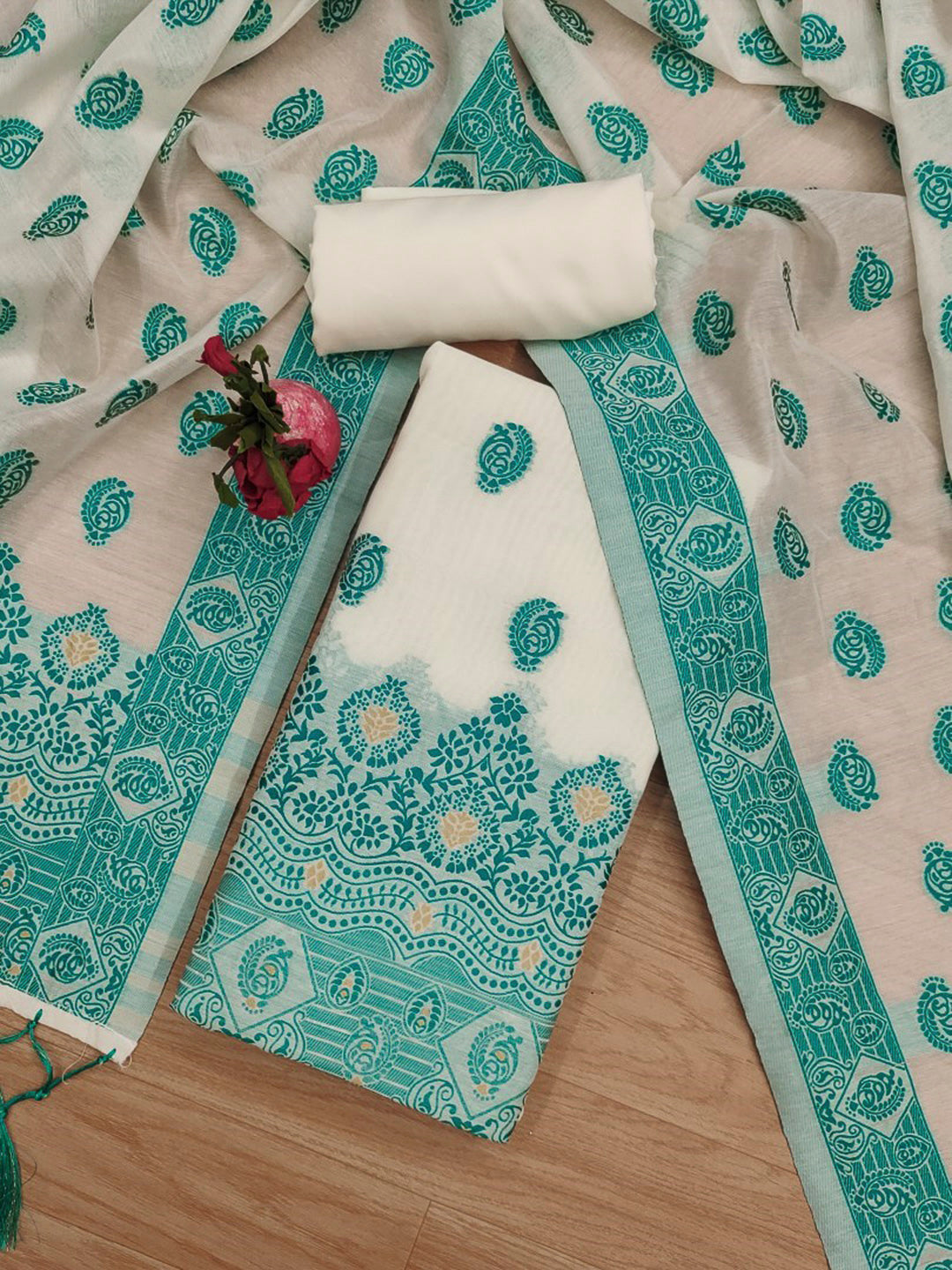 Cream-Teal-Blue Pure Handloom Banarasi Resham Cotton Woven Design Unstitched Dress Material