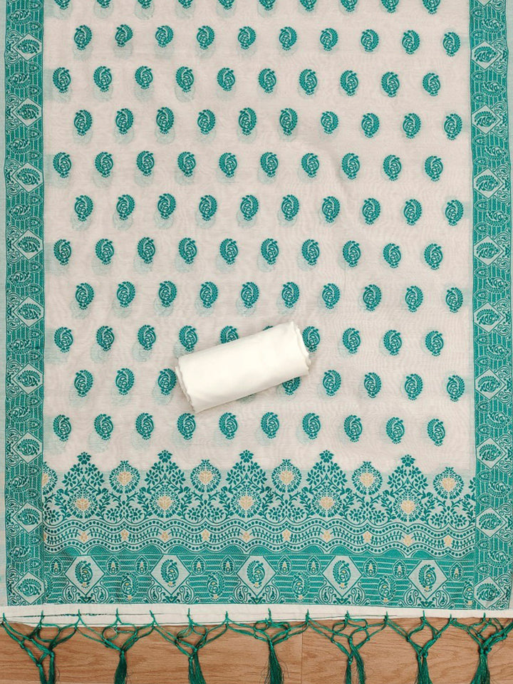 Cream-Teal-Blue Pure Handloom Banarasi Resham Cotton Woven Design Unstitched Dress Material