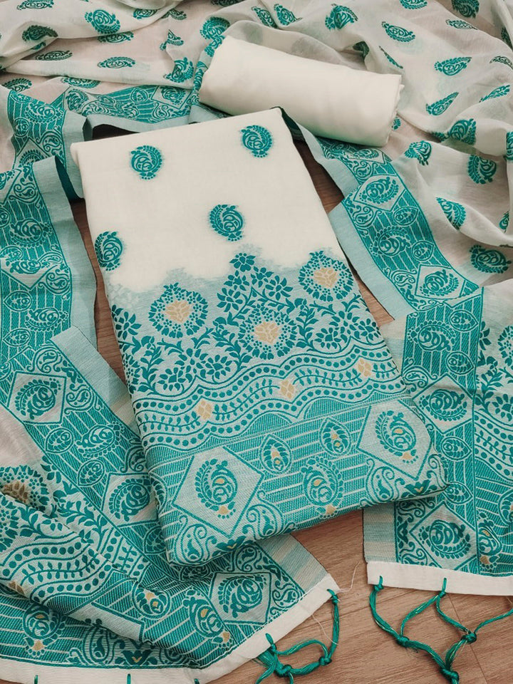 Cream-Teal-Blue Pure Handloom Banarasi Resham Cotton Woven Design Unstitched Dress Material