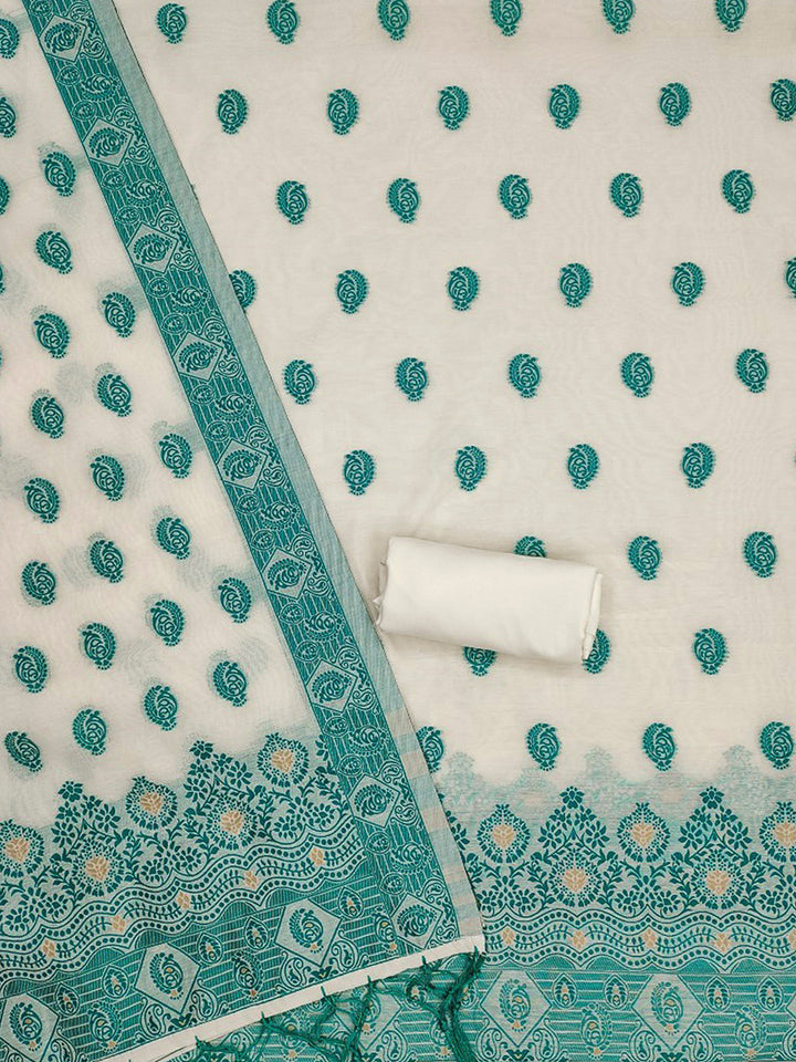 Cream-Teal-Blue Pure Handloom Banarasi Resham Cotton Woven Design Unstitched Dress Material