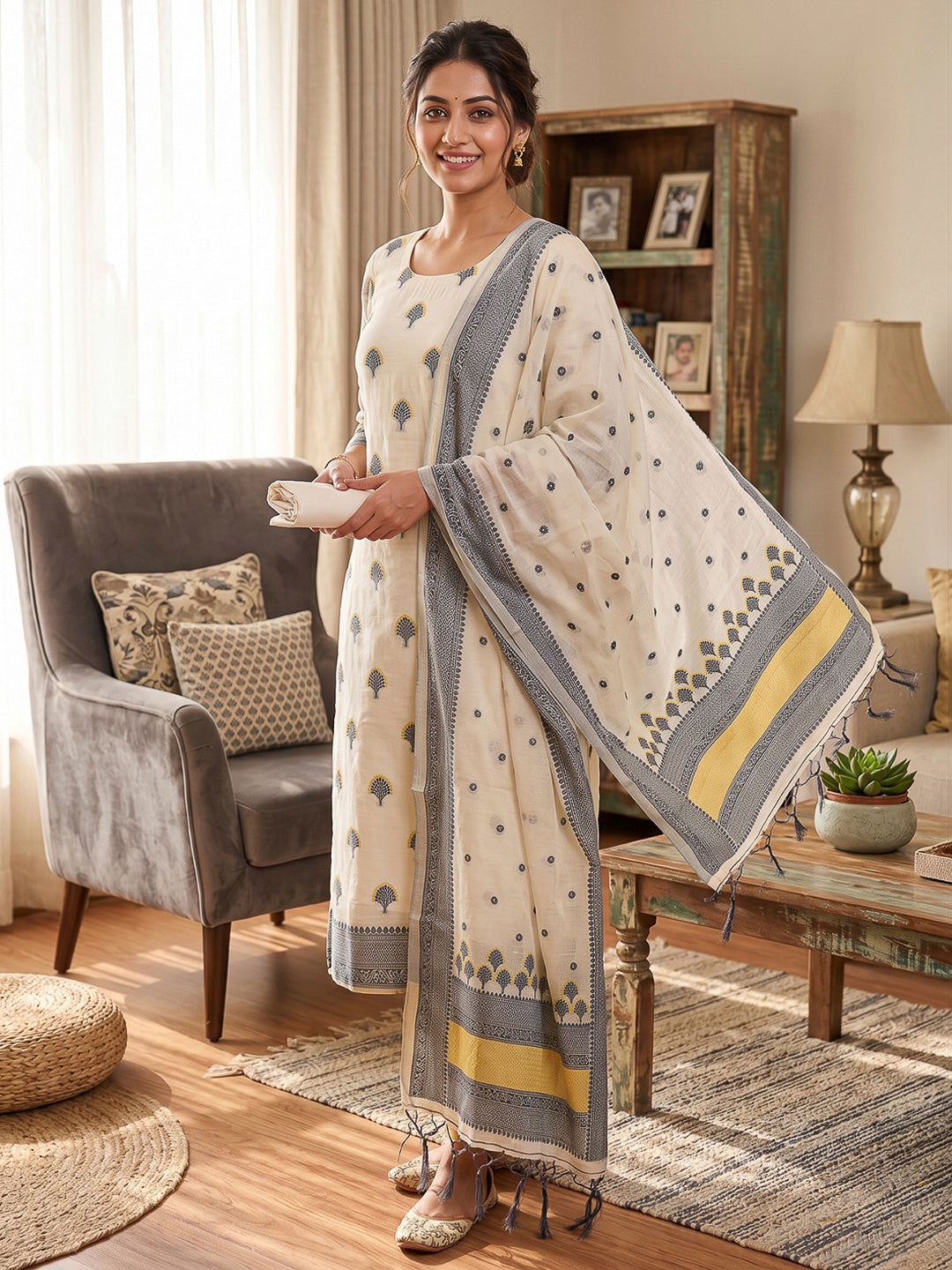 Grey Pure Handloom Banarasi Resham Cotton Woven Design Unstitched Dress Material