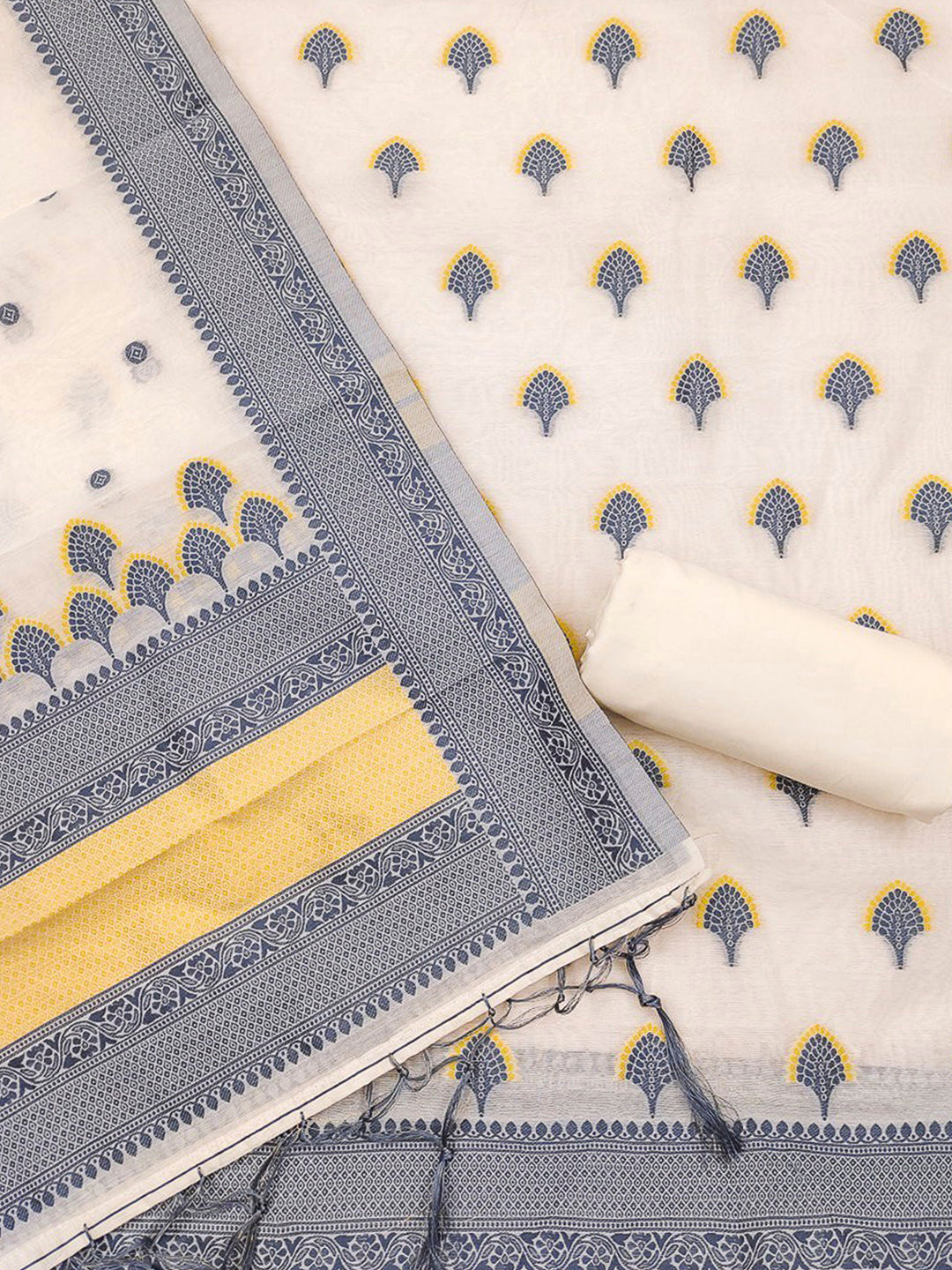 Grey Pure Handloom Banarasi Resham Cotton Woven Design Unstitched Dress Material