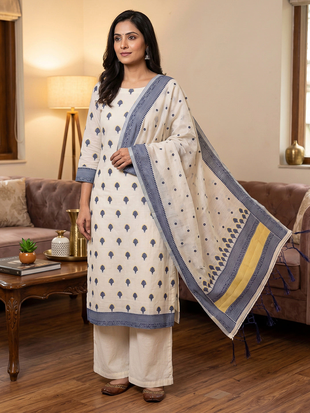 Navy Pure Handloom Banarasi Resham Cotton Woven Design Unstitched Dress Material