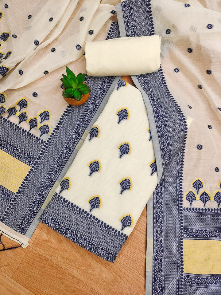 Navy Pure Handloom Banarasi Resham Cotton Woven Design Unstitched Dress Material
