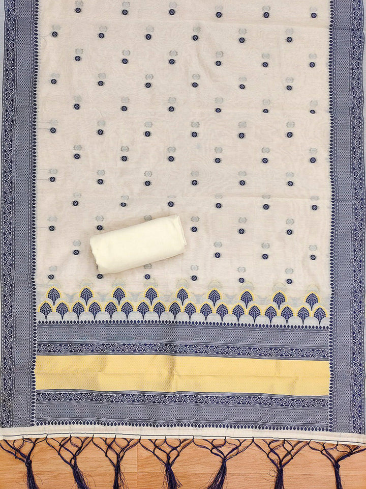 Navy Pure Handloom Banarasi Resham Cotton Woven Design Unstitched Dress Material