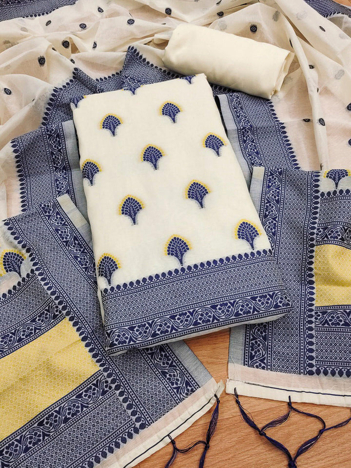 Navy Pure Handloom Banarasi Resham Cotton Woven Design Unstitched Dress Material