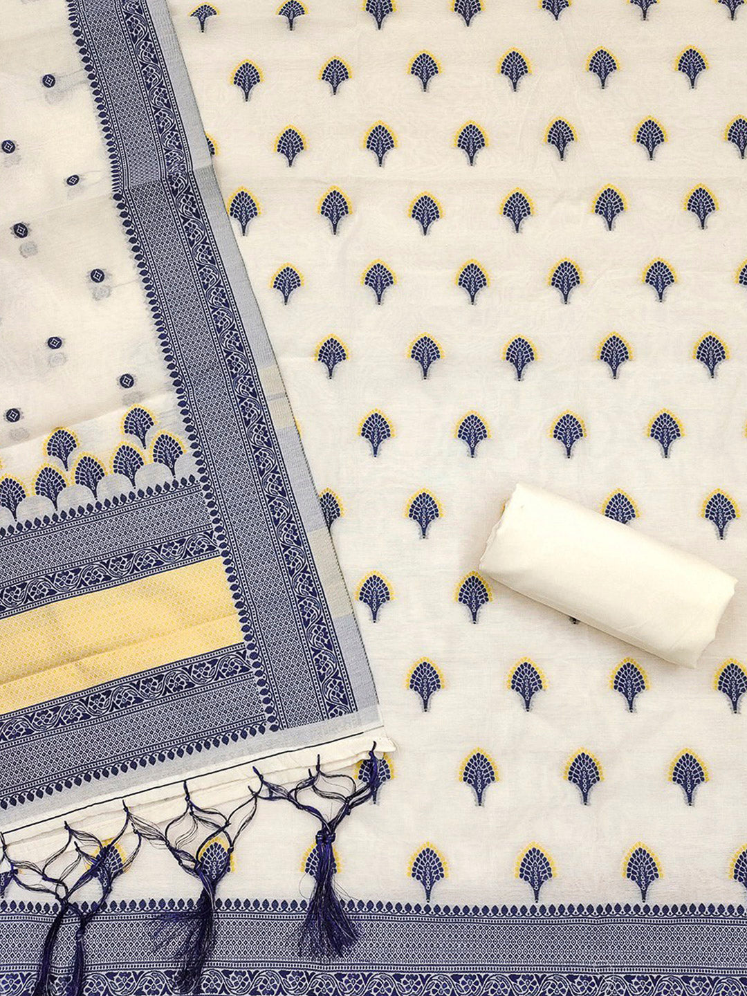 Navy Pure Handloom Banarasi Resham Cotton Woven Design Unstitched Dress Material