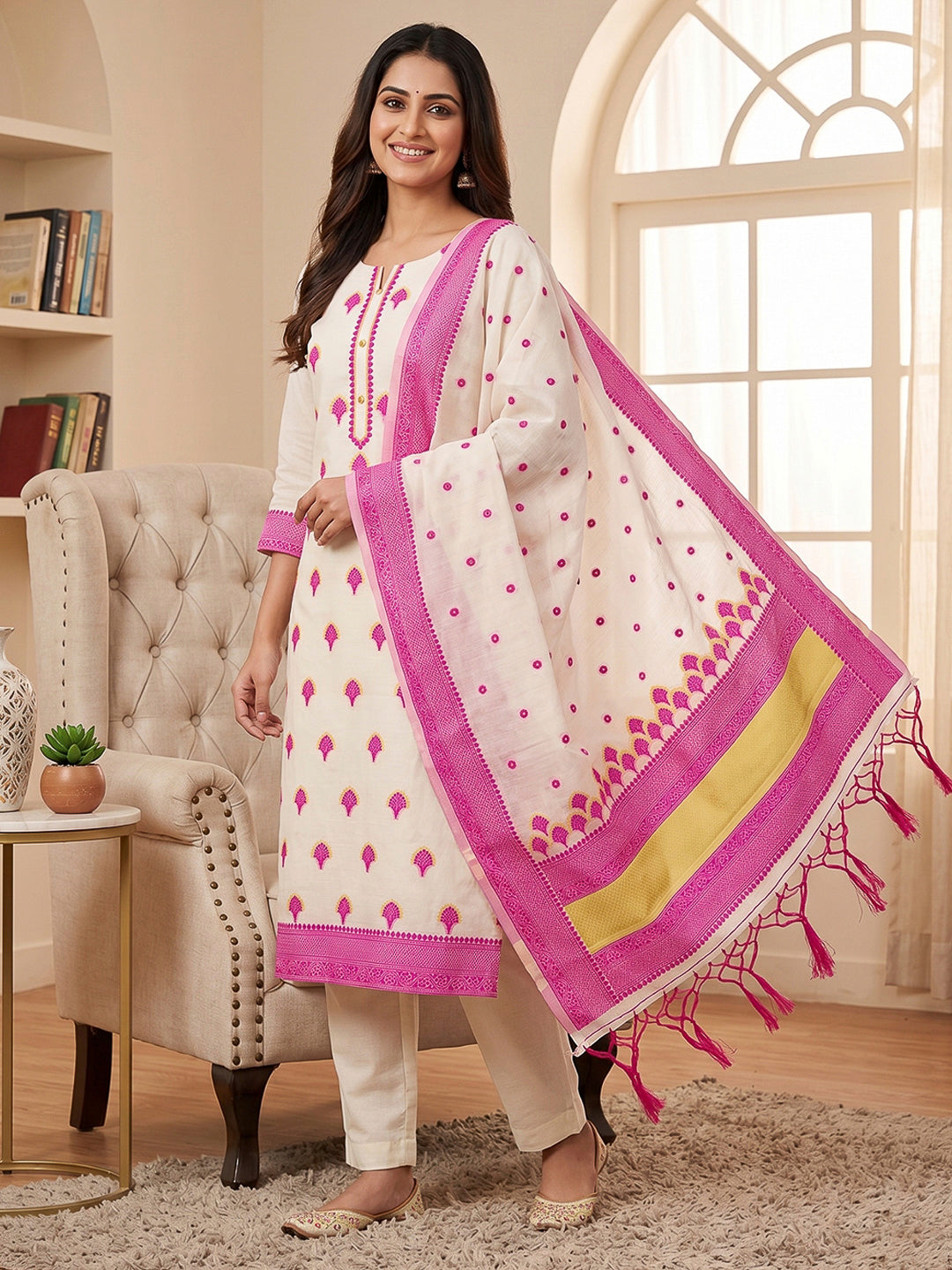 Pink Pure Handloom Banarasi Resham Cotton Woven Design Unstitched Dress Material