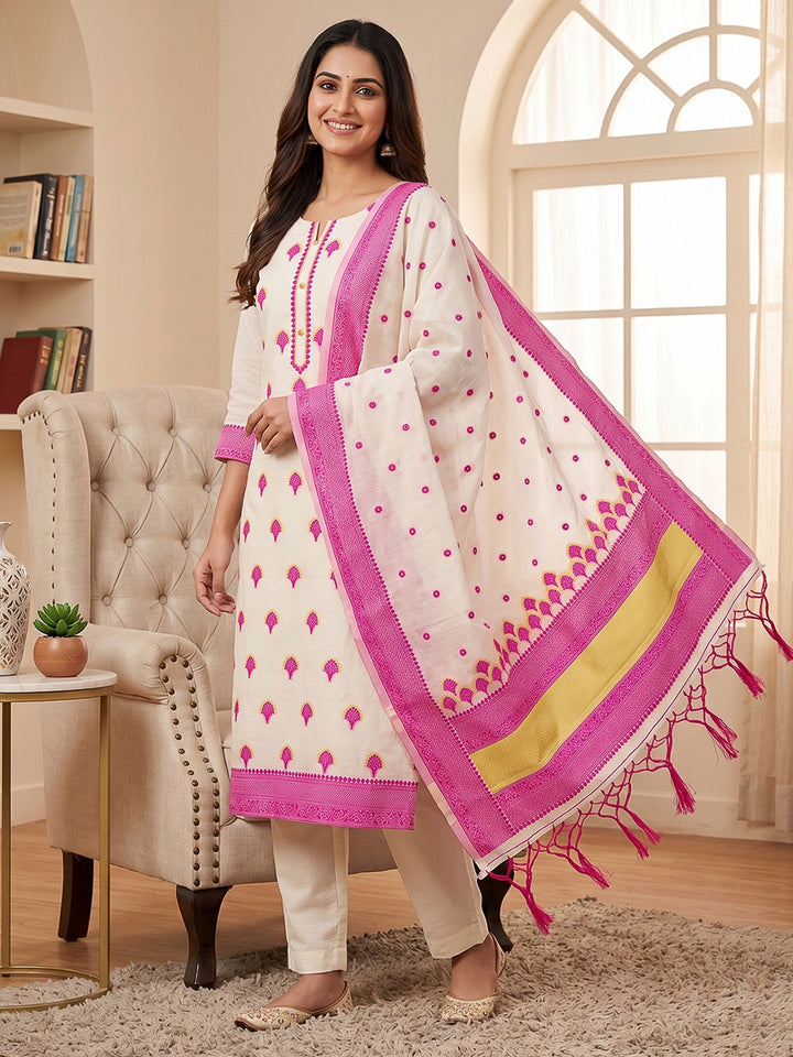 Pink Pure Handloom Banarasi Resham Cotton Woven Design Unstitched Dress Material