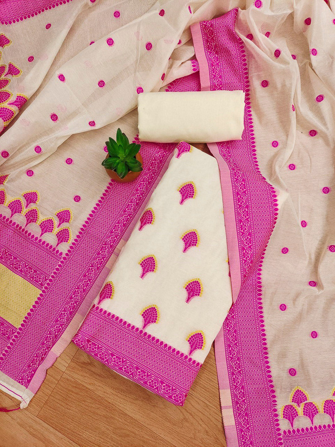 Pink Pure Handloom Banarasi Resham Cotton Woven Design Unstitched Dress Material