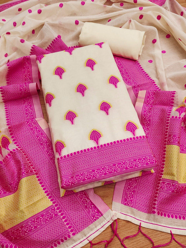 Pink Pure Handloom Banarasi Resham Cotton Woven Design Unstitched Dress Material