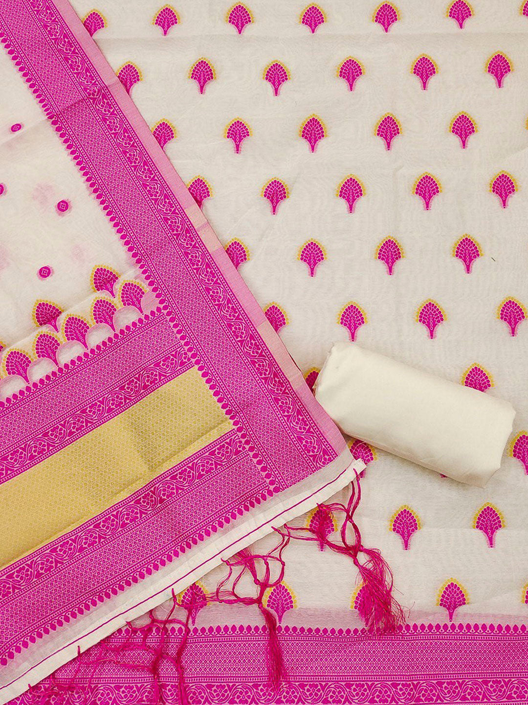 Pink Pure Handloom Banarasi Resham Cotton Woven Design Unstitched Dress Material