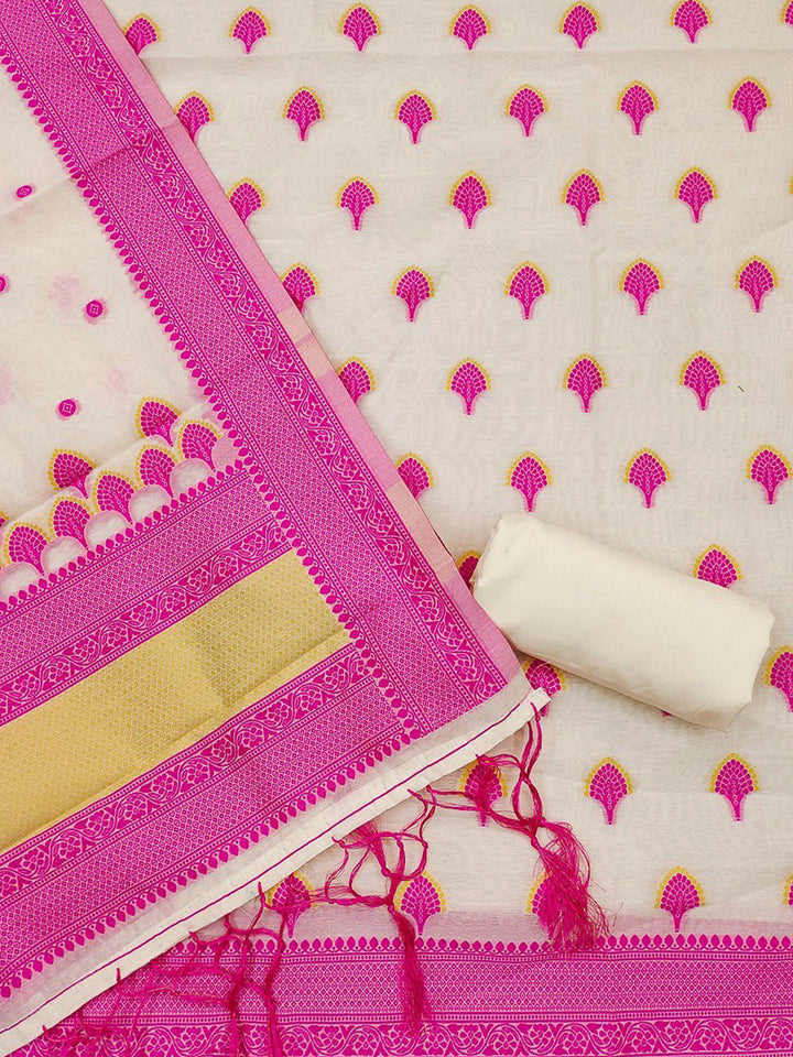 Pink Pure Handloom Banarasi Resham Cotton Woven Design Unstitched Dress Material
