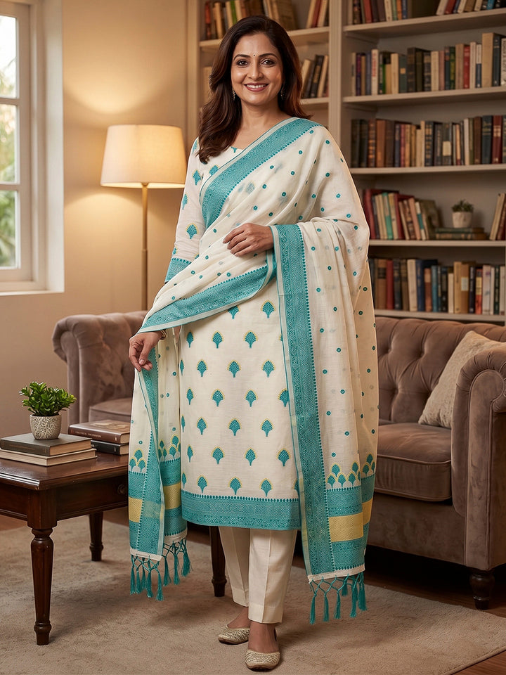Teal-Blue Pure Handloom Banarasi Resham Cotton Woven Design Unstitched Dress Material