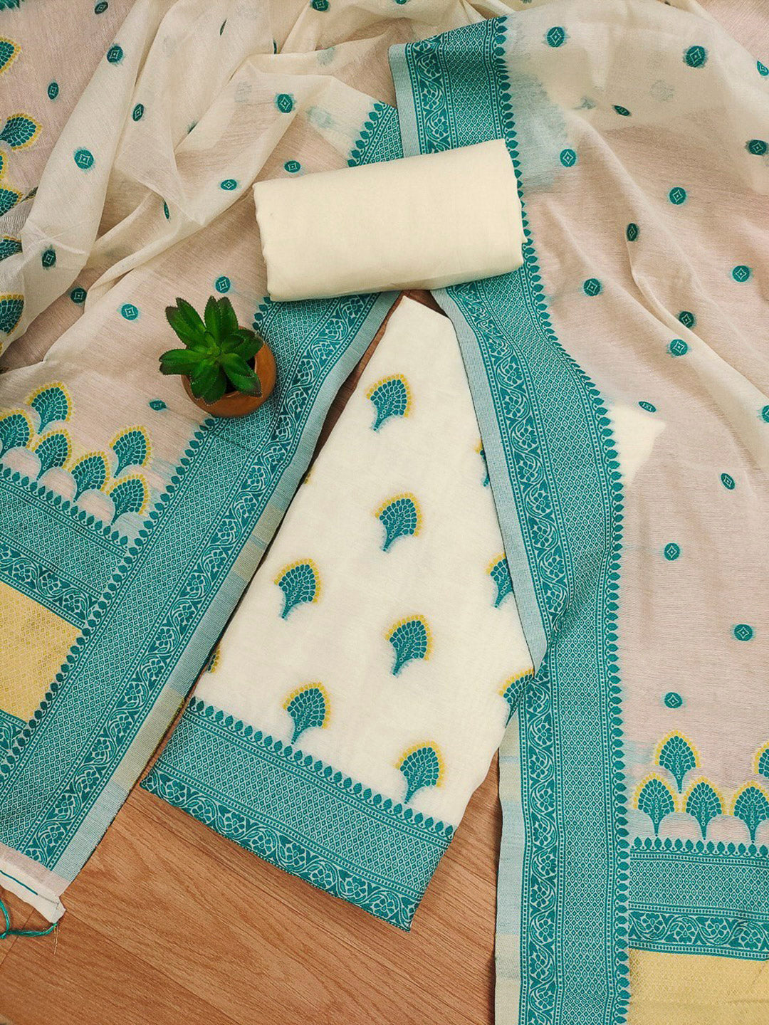 Teal-Blue Pure Handloom Banarasi Resham Cotton Woven Design Unstitched Dress Material