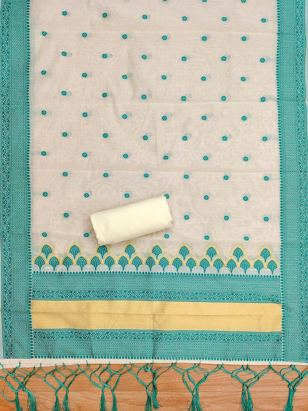 Teal-Blue Pure Handloom Banarasi Resham Cotton Woven Design Unstitched Dress Material